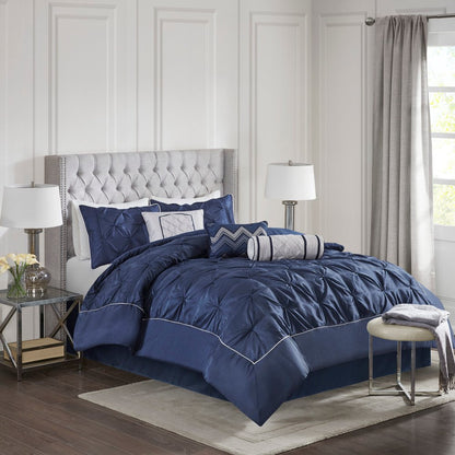Set of Seven Navy Blue Queen Ring Stitch Polyester Sham And Comforter HomeRoots