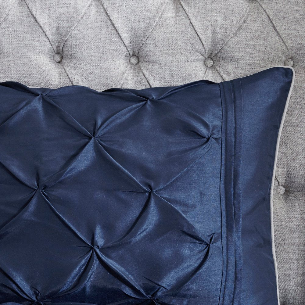 Set of Seven Navy Blue Queen Ring Stitch Polyester Sham And Comforter HomeRoots