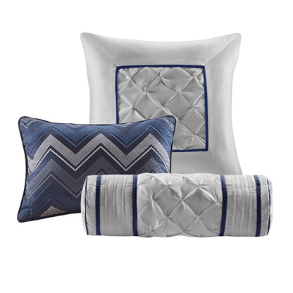 Set of Seven Navy Blue Queen Ring Stitch Polyester Sham And Comforter HomeRoots