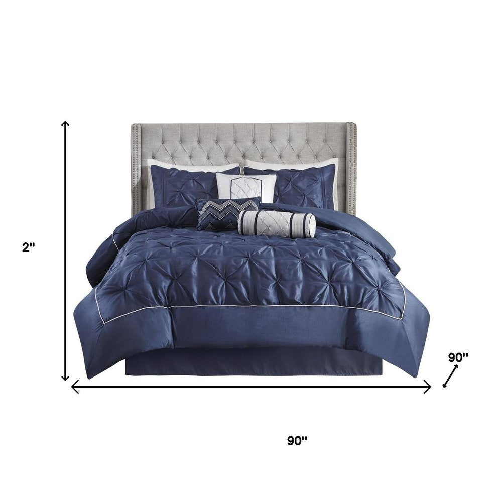 Set of Seven Navy Blue Queen Ring Stitch Polyester Sham And Comforter HomeRoots