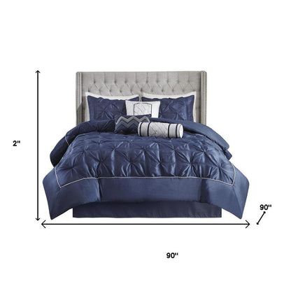 Set of Seven Navy Blue Queen Ring Stitch Polyester Sham And Comforter HomeRoots