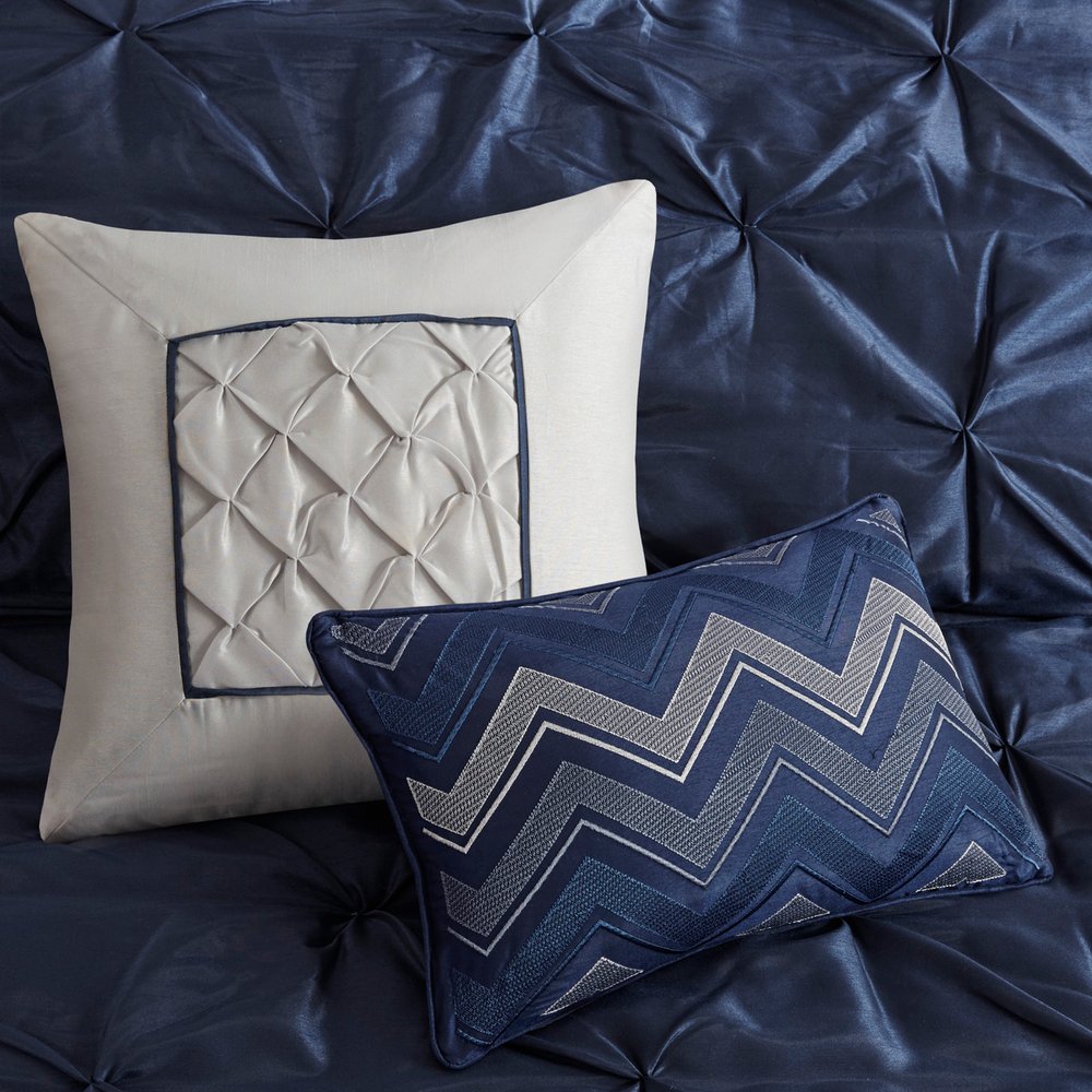 Set of Seven Navy Blue Queen Ring Stitch Polyester Sham And Comforter HomeRoots