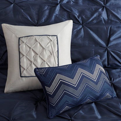 Set of Seven Navy Blue Queen Ring Stitch Polyester Sham And Comforter HomeRoots
