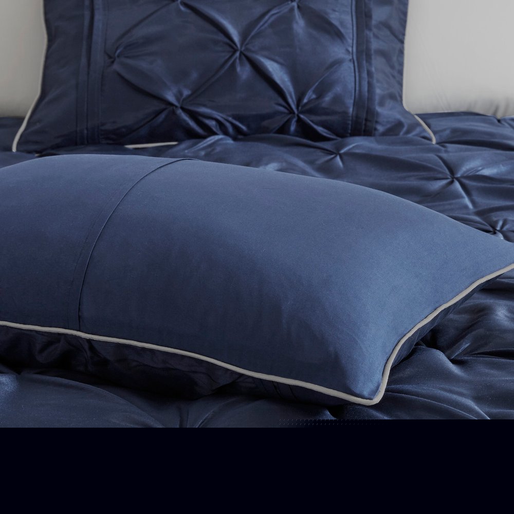 Set of Seven Navy Blue Queen Ring Stitch Polyester Sham And Comforter HomeRoots