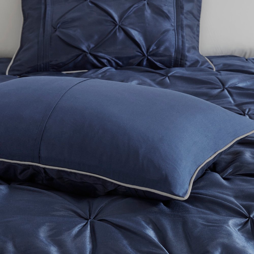 Set of Seven Navy Blue Queen Ring Stitch Polyester Sham And Comforter HomeRoots