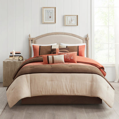 Set of Seven Coral And Brown Striped King Ring Stitch Polyester Sham And Comforter HomeRoots
