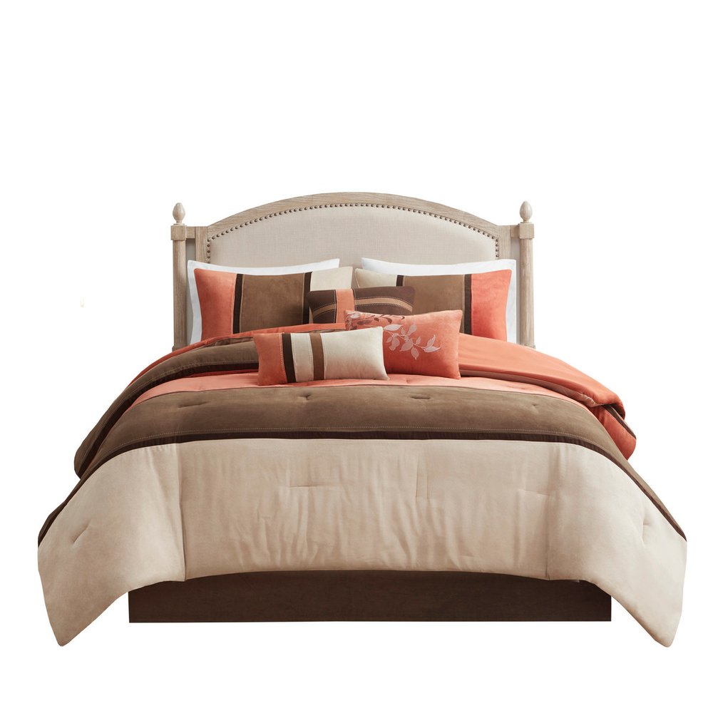 Set of Seven Coral And Brown Striped King Ring Stitch Polyester Sham And Comforter HomeRoots