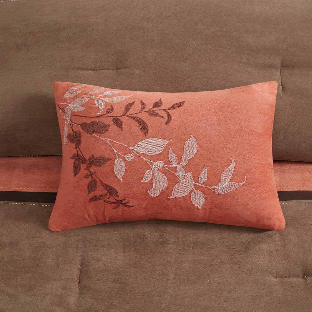 Set of Seven Coral And Brown Striped King Ring Stitch Polyester Sham And Comforter HomeRoots