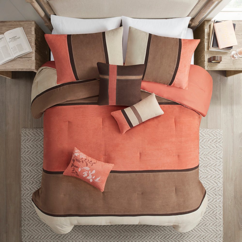 Set of Seven Coral And Brown Striped King Ring Stitch Polyester Sham And Comforter HomeRoots