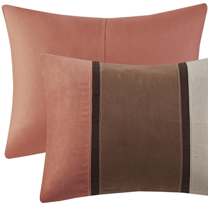 Set of Seven Coral And Brown Striped King Ring Stitch Polyester Sham And Comforter HomeRoots