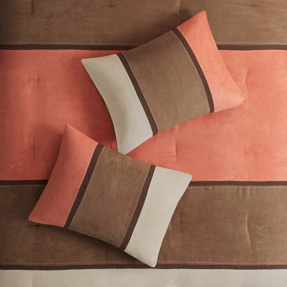 Set of Seven Coral And Brown Striped King Ring Stitch Polyester Sham And Comforter HomeRoots
