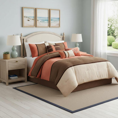 Set of Seven Coral And Brown Striped King Ring Stitch Polyester Sham And Comforter HomeRoots