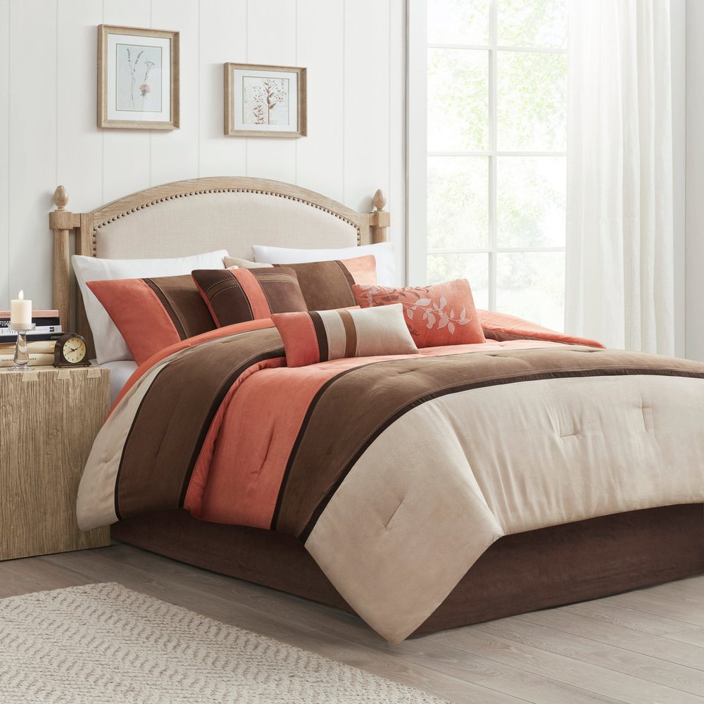 Set of Seven Coral And Brown Striped King Ring Stitch Polyester Sham And Comforter HomeRoots