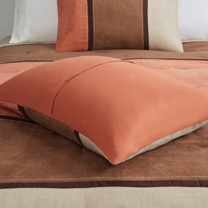 Set of Seven Coral And Brown Striped King Ring Stitch Polyester Sham And Comforter HomeRoots