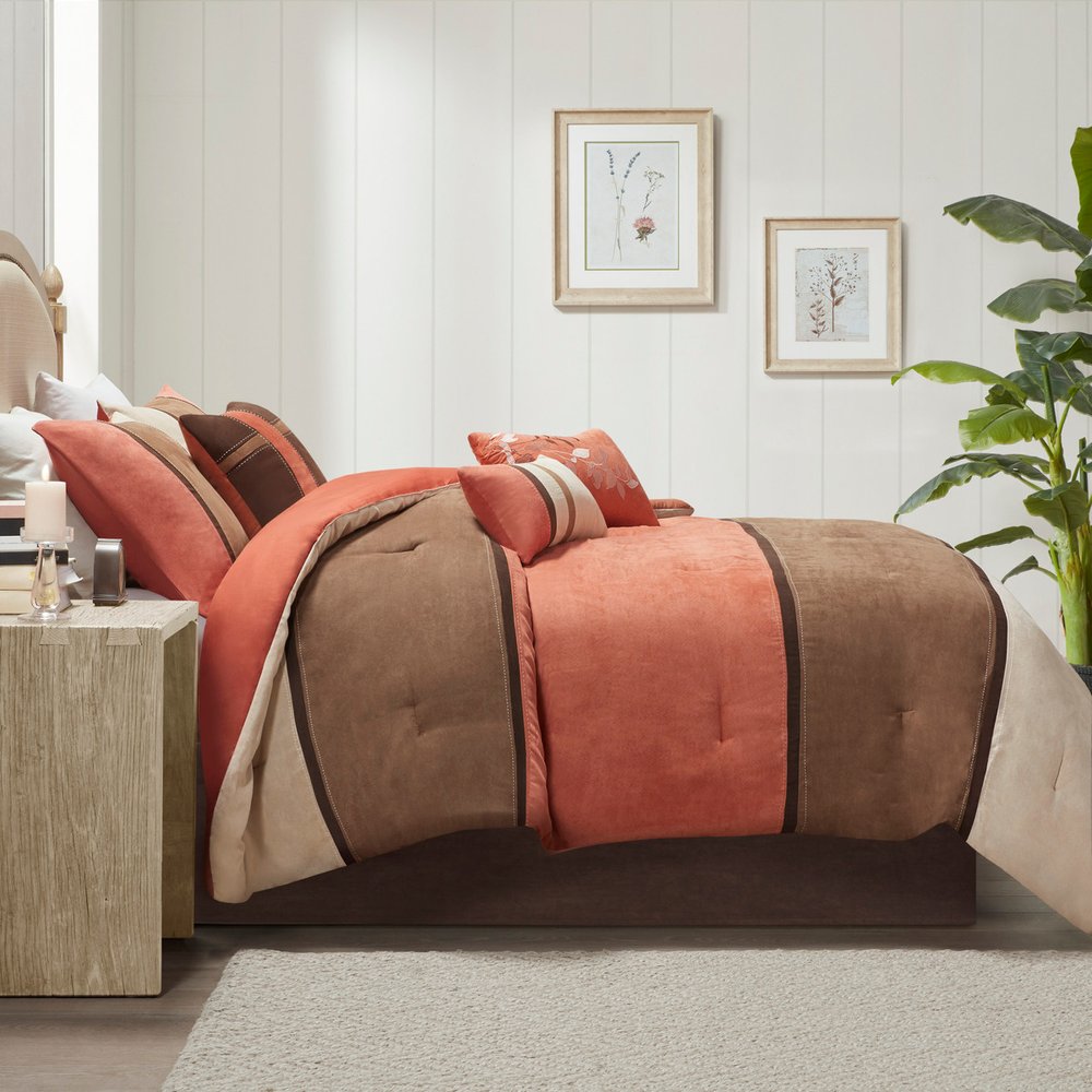 Set of Seven Coral And Brown Striped King Ring Stitch Polyester Sham And Comforter HomeRoots