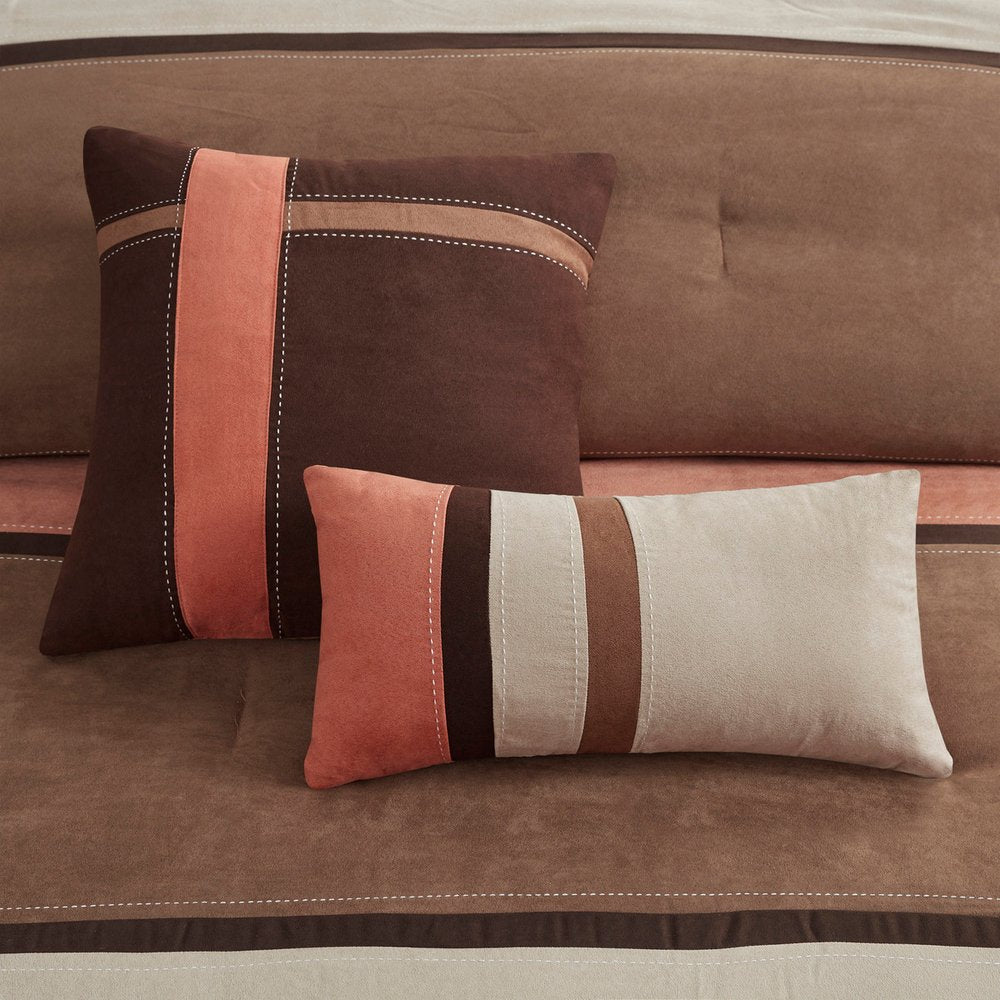 Set of Seven Coral And Brown Striped King Ring Stitch Polyester Sham And Comforter HomeRoots