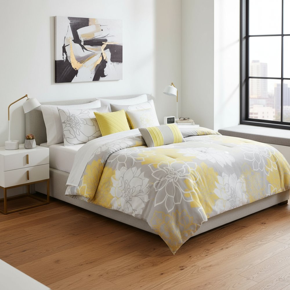 Set of Seven Gray And Yellow Floral Queen Ring Stitch Polyester Sham And Comforter HomeRoots
