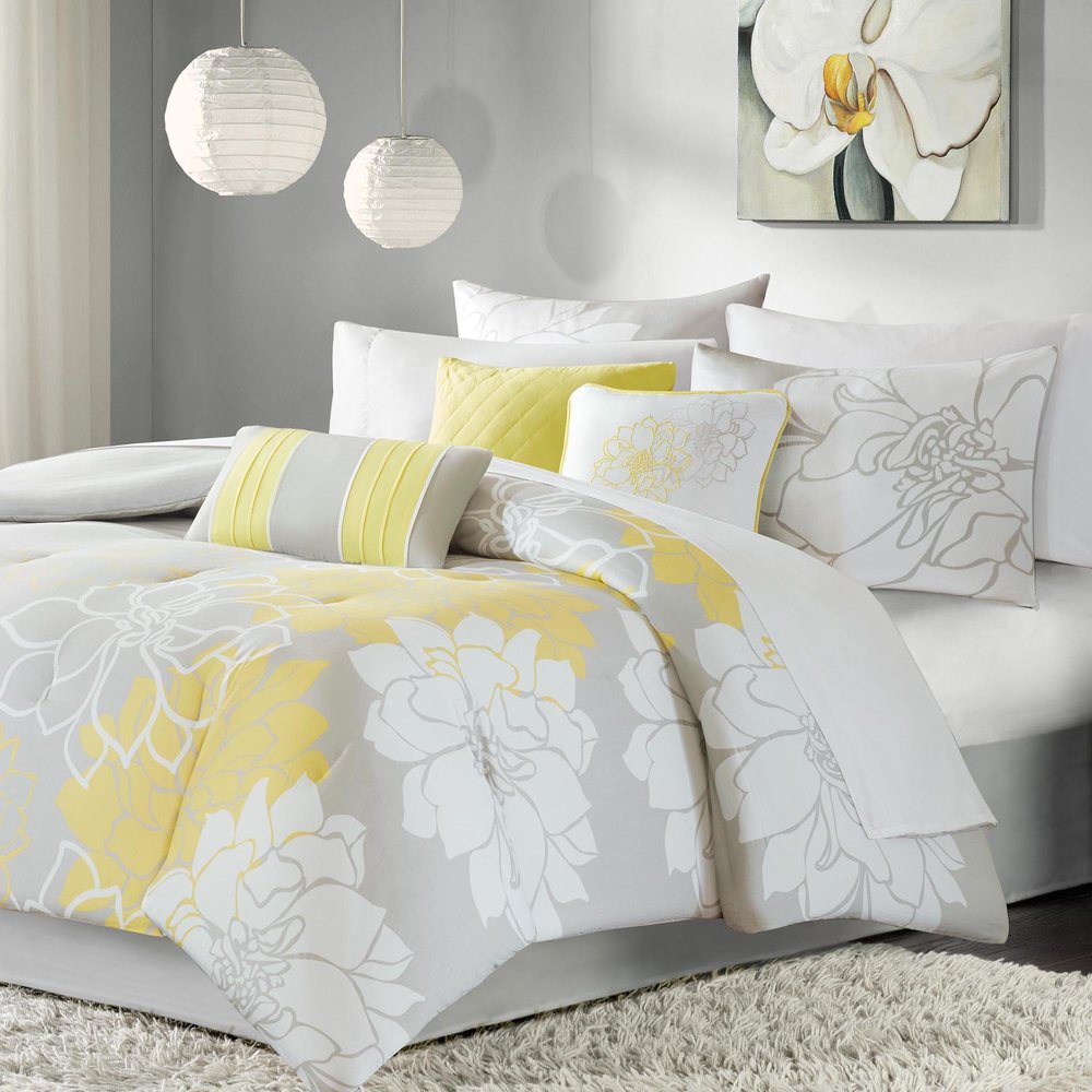 Set of Seven Gray And Yellow Floral Queen Ring Stitch Polyester Sham And Comforter HomeRoots