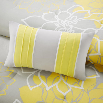 Set of Seven Gray And Yellow Floral Queen Ring Stitch Polyester Sham And Comforter HomeRoots