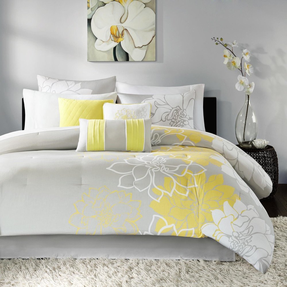 Set of Seven Gray And Yellow Floral Queen Ring Stitch Polyester Sham And Comforter HomeRoots