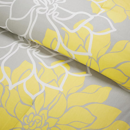 Set of Seven Gray And Yellow Floral Queen Ring Stitch Polyester Sham And Comforter HomeRoots