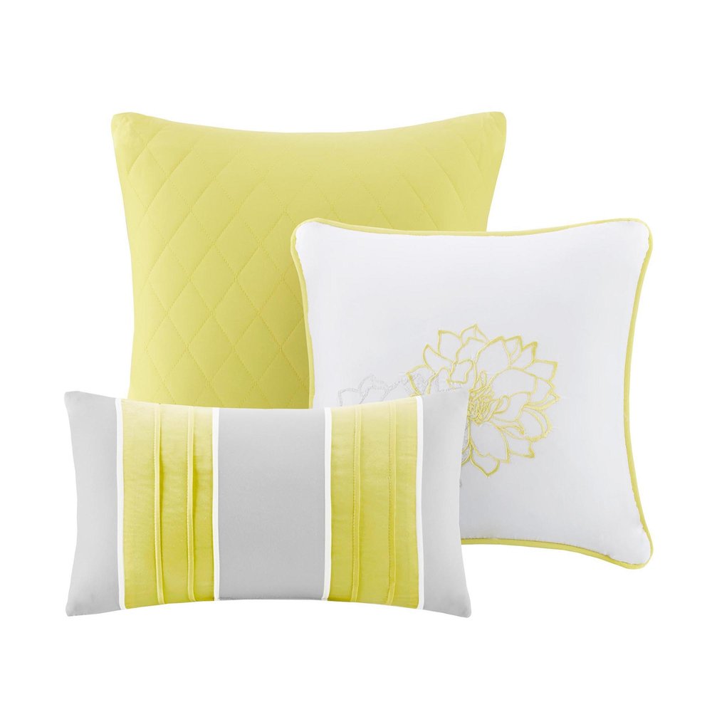 Set of Seven Gray And Yellow Floral Queen Ring Stitch Polyester Sham And Comforter HomeRoots