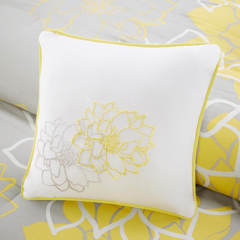 Set of Seven Gray And Yellow Floral Queen Ring Stitch Polyester Sham And Comforter HomeRoots
