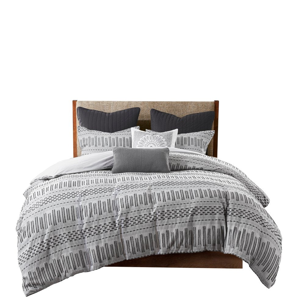 Set of Three Gray And Ivory Striped Queen Ring Stitch Sham And Comforter HomeRoots