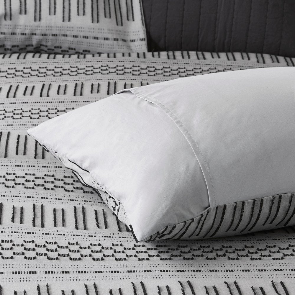 Set of Three Gray And Ivory Striped Queen Ring Stitch Sham And Comforter HomeRoots