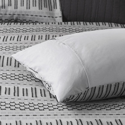 Set of Three Gray And Ivory Striped Queen Ring Stitch Sham And Comforter HomeRoots