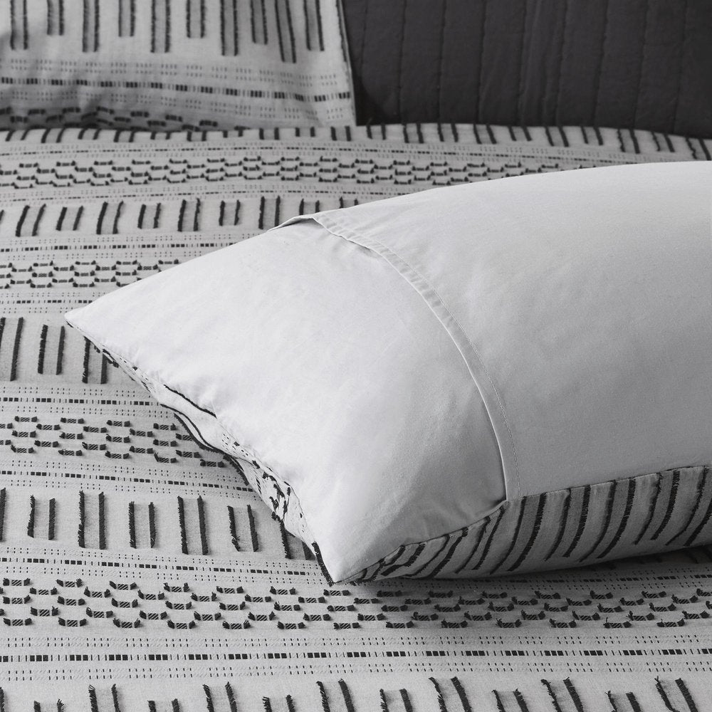 Set of Three Gray And Ivory Striped Queen Ring Stitch Sham And Comforter HomeRoots