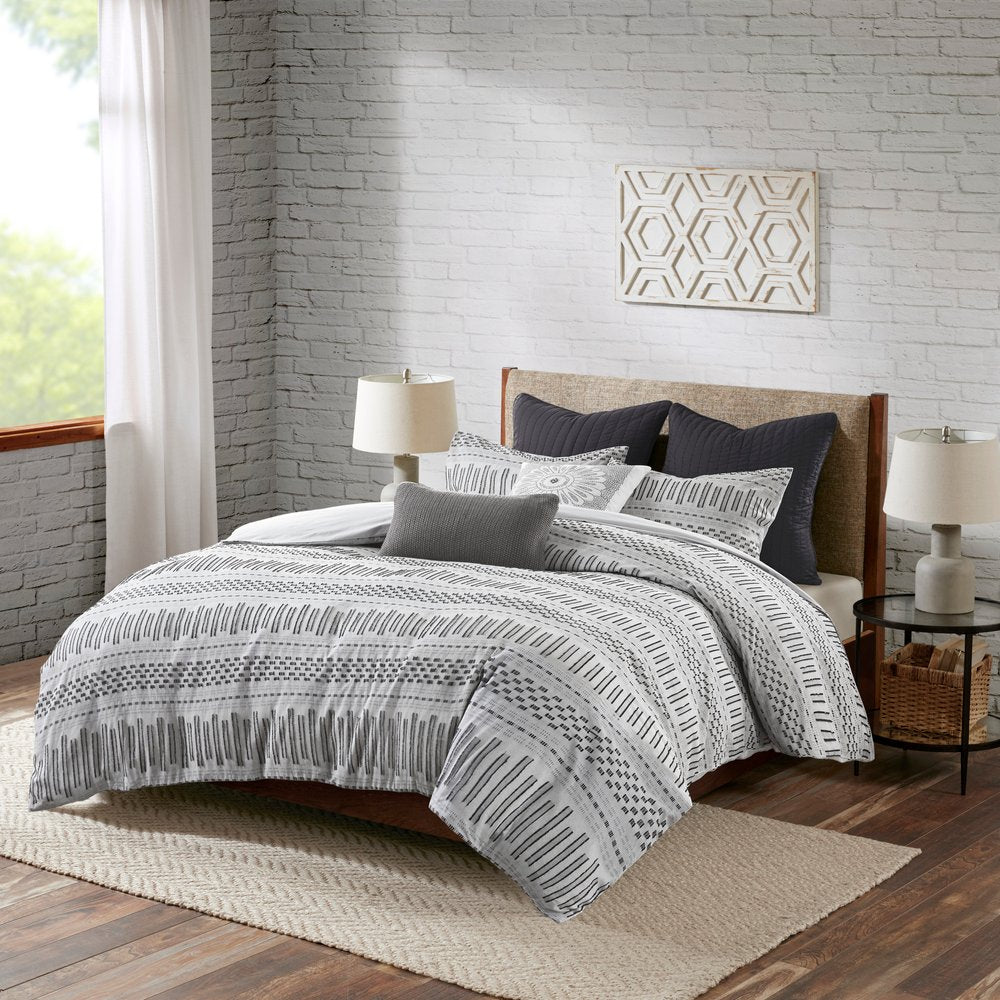 Set of Three Gray And Ivory Striped Queen Ring Stitch Sham And Comforter HomeRoots