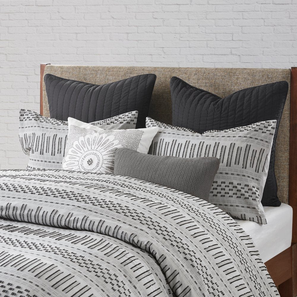 Set of Three Gray And Ivory Striped Queen Ring Stitch Sham And Comforter HomeRoots