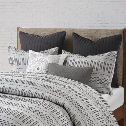 Set of Three Gray And Ivory Striped Queen Ring Stitch Sham And Comforter HomeRoots