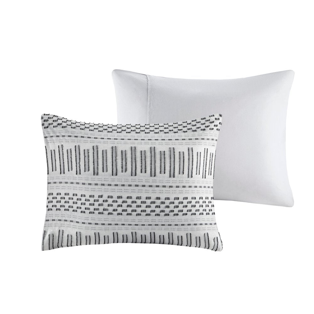 Set of Three Gray And Ivory Striped Queen Ring Stitch Sham And Comforter HomeRoots