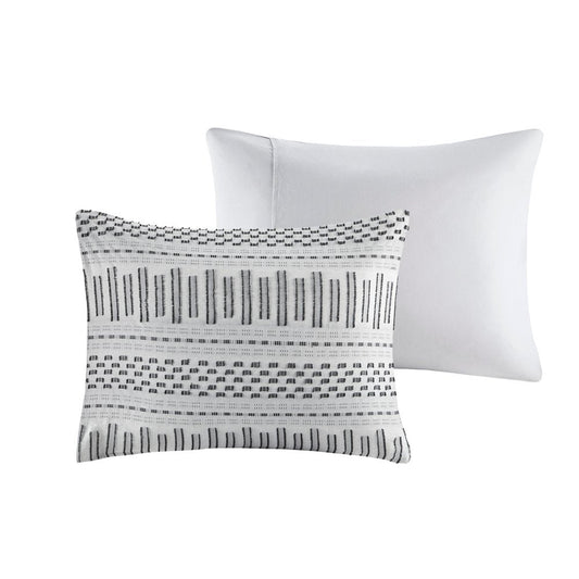 Set of Three Gray And Ivory Striped Queen Ring Stitch Sham And Comforter HomeRoots