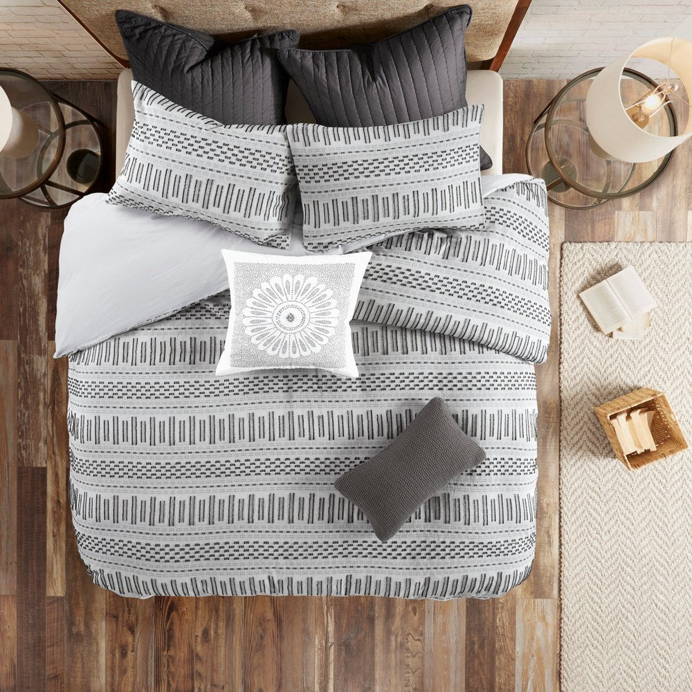Set of Three Gray And Ivory Striped Queen Ring Stitch Sham And Comforter HomeRoots