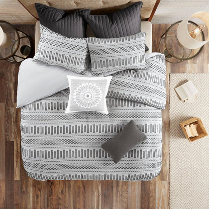 Set of Three Gray And Ivory Striped Queen Ring Stitch Sham And Comforter HomeRoots
