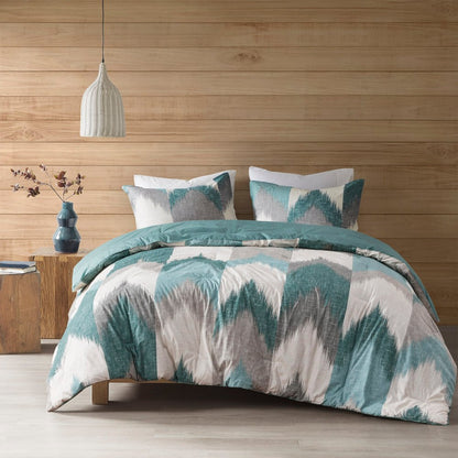 Set of Three Aqua And White King Ring Stitch Polyester Sham And Comforter HomeRoots