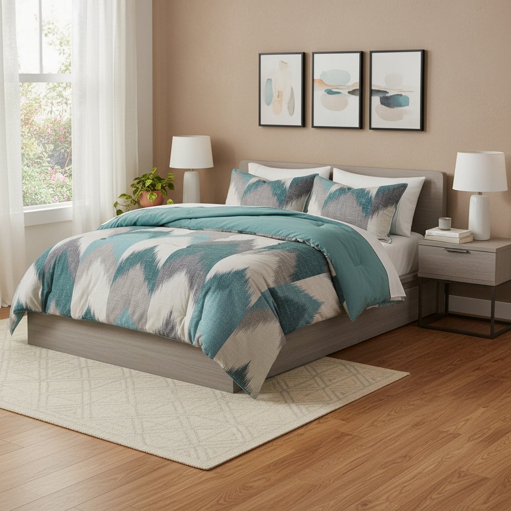 Set of Three Aqua And White King Ring Stitch Polyester Sham And Comforter HomeRoots