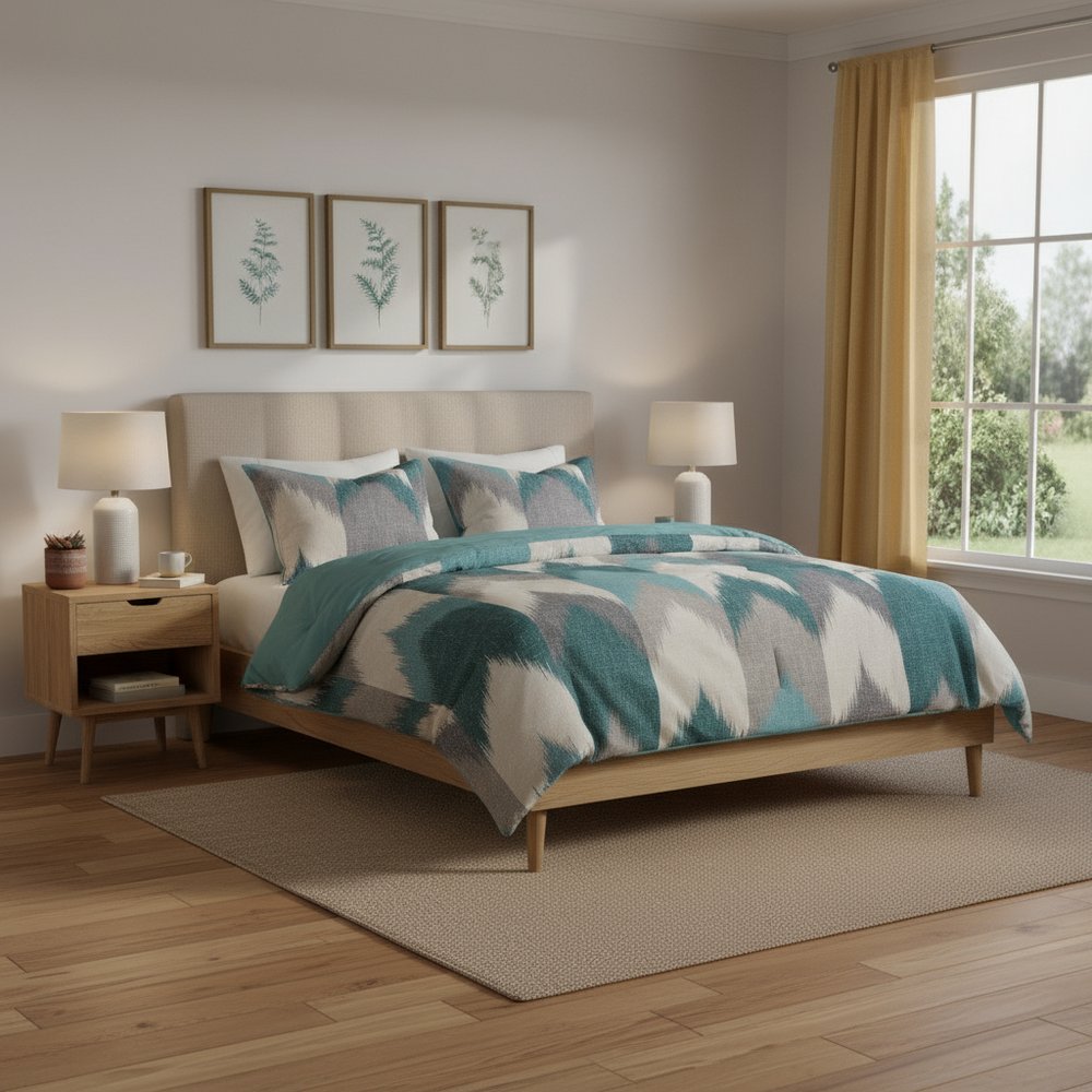 Set of Three Aqua And White Ring Stitch Polyester Sham And Comforter HomeRoots