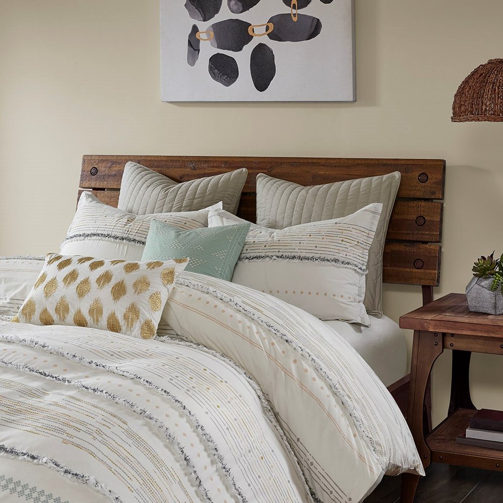 Set of Three Off White And Gray Striped King Ring Stitch Sham And Comforter HomeRoots
