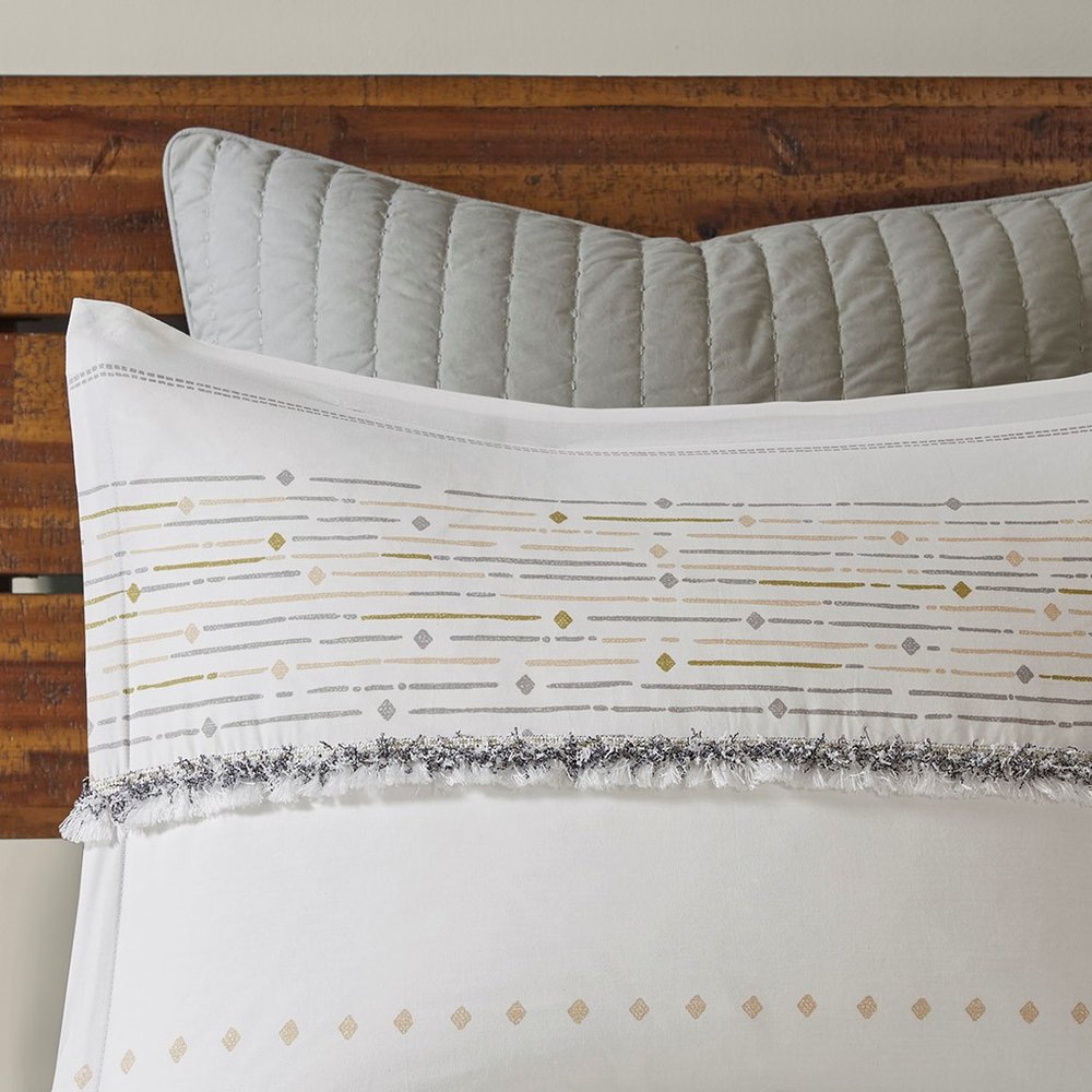 Set of Three Off White And Gray Striped King Ring Stitch Sham And Comforter HomeRoots