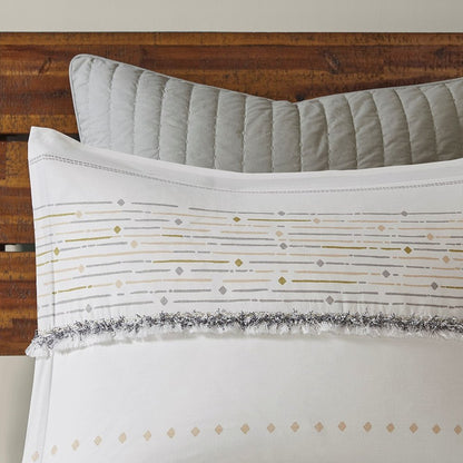 Set of Three Off White And Gray Striped King Ring Stitch Sham And Comforter HomeRoots