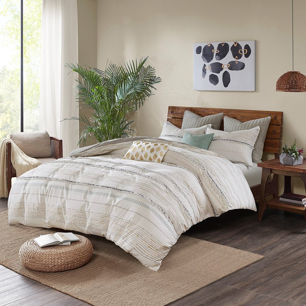 Set of Three Off White And Gray Striped King Ring Stitch Sham And Comforter HomeRoots