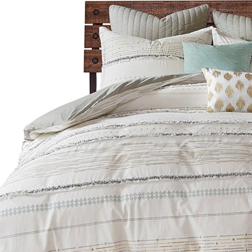 Set of Three Off White And Gray Striped King Ring Stitch Sham And Comforter HomeRoots