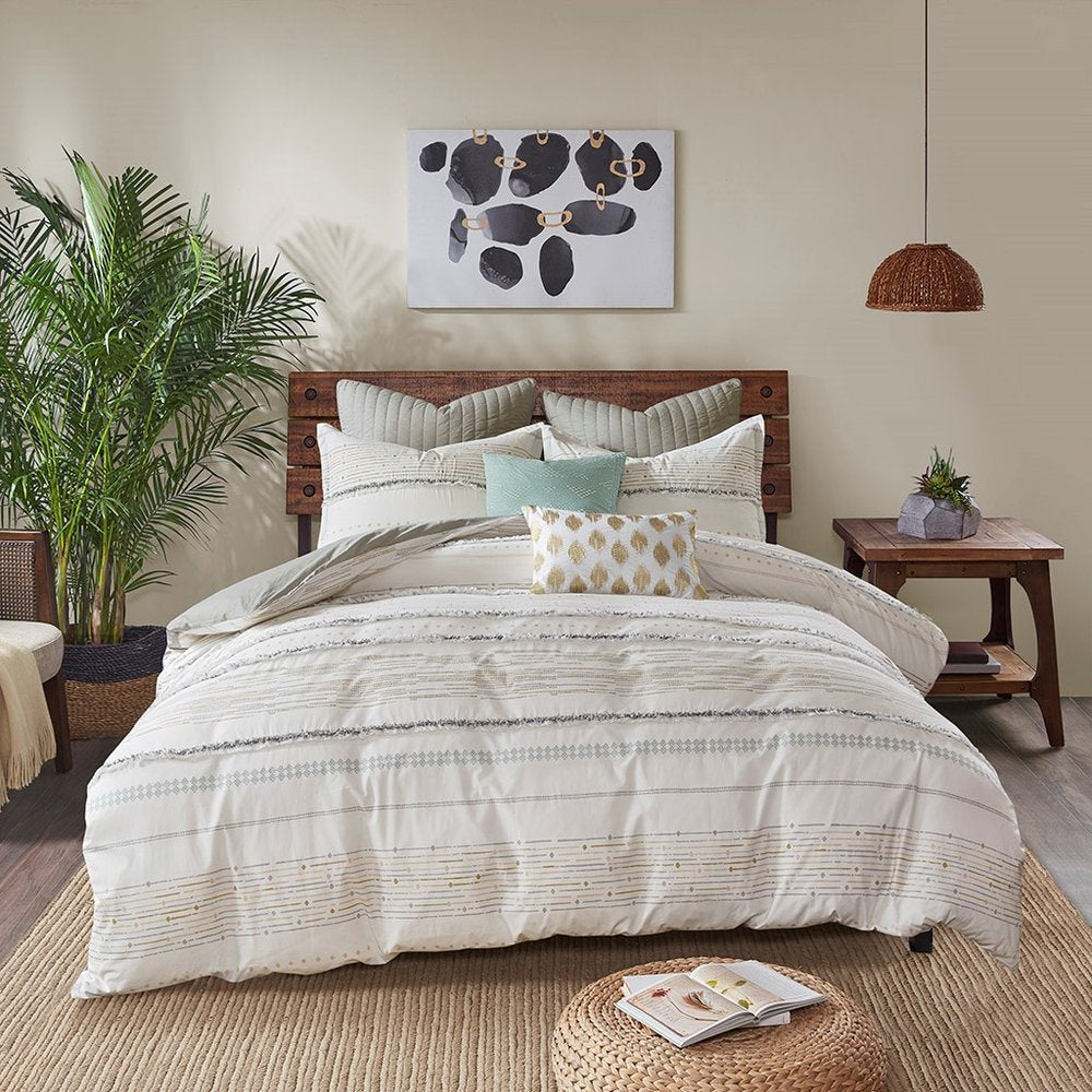 Set of Three Off White And Gray Striped King Ring Stitch Sham And Comforter HomeRoots