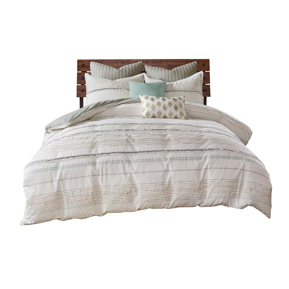 Set of Three Off White And Gray Striped King Ring Stitch Sham And Comforter HomeRoots