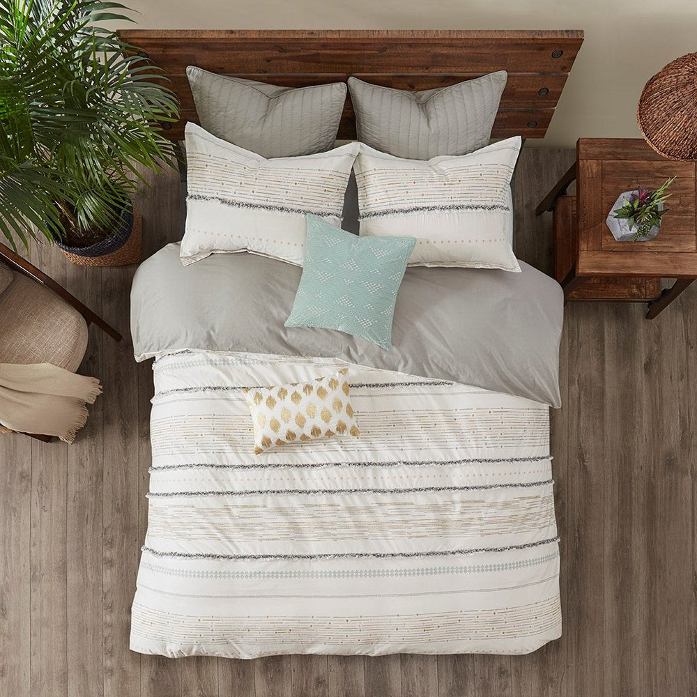 Set of Three Off White And Gray Striped King Ring Stitch Sham And Comforter HomeRoots