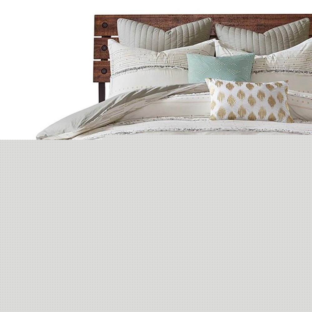 Set of Three Off White And Gray Striped King Ring Stitch Sham And Comforter HomeRoots